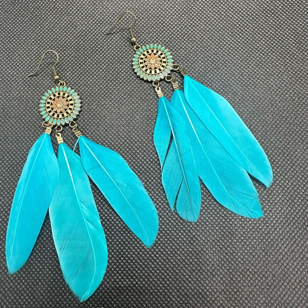 ✨💎 Bohemian Chic Turquoise Feather Dangle Earrings | Festival Statement Jewelry🩵 - Picture 9 of 16